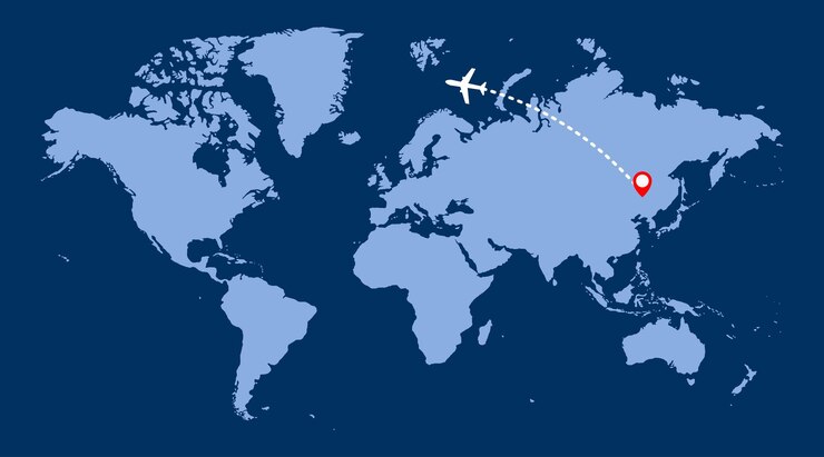 Airplane flying over the world map Airplane route Travel concept Vector illustration