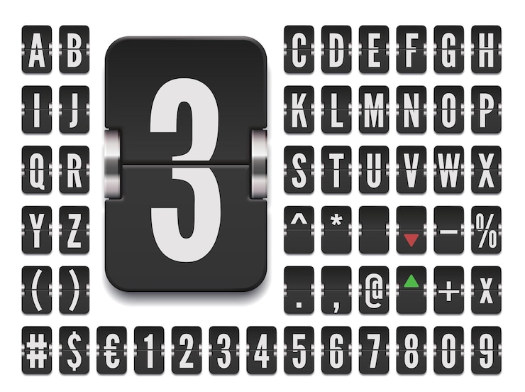 Vector airport flip board mechanical abc for stock exchange rates with numbers and symbols black terminal scoreboard font for destination or financial markets information vector illustration