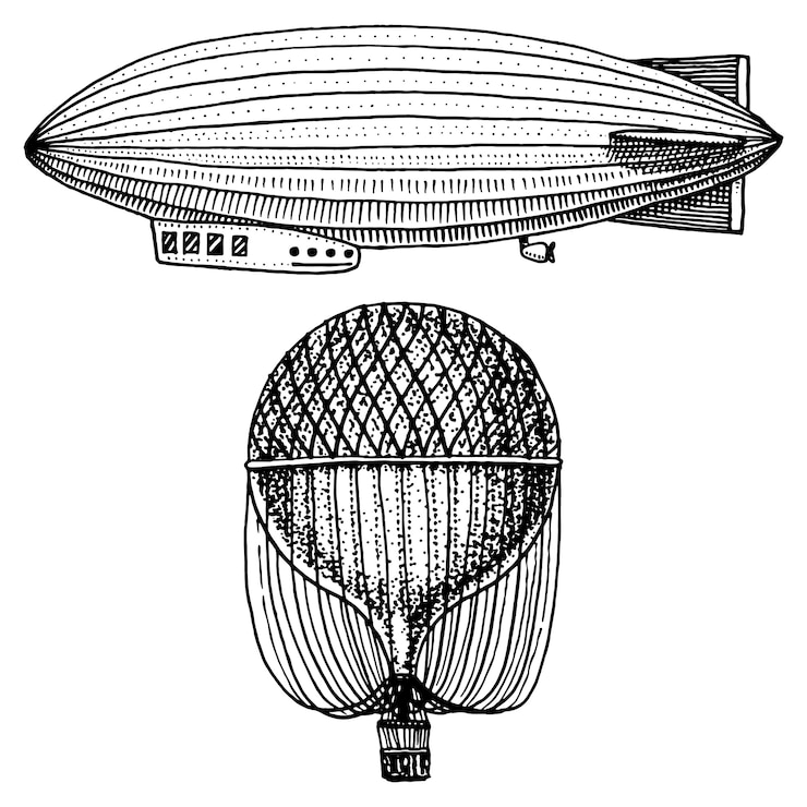 Vector airship or zeppelin and dirigible or blimp, air balloon or aerostat illustration.