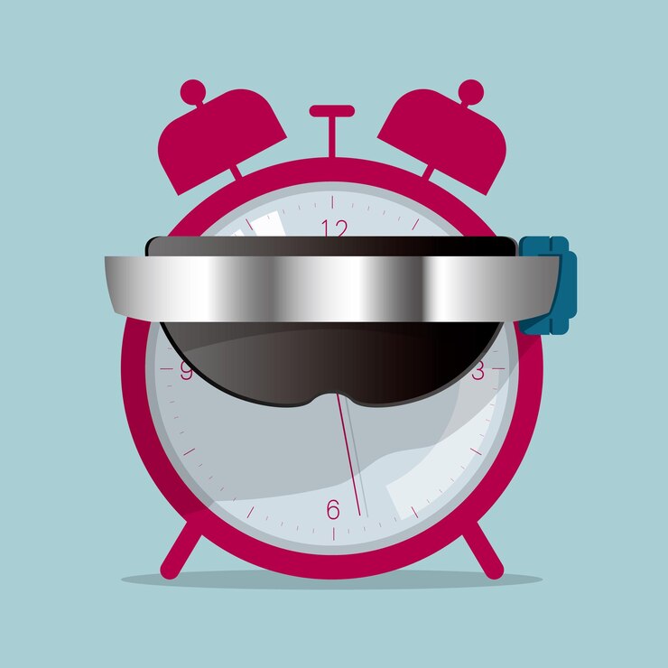 Vector alarm clock and smart glasses. isolated on blue background.