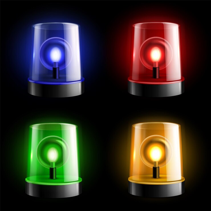 Vector alarm sirens realistic light ambulance flashing emergency alert lamps fire department police and medical cars beacon elements danger rotating lights green orange red and blue glow vector set