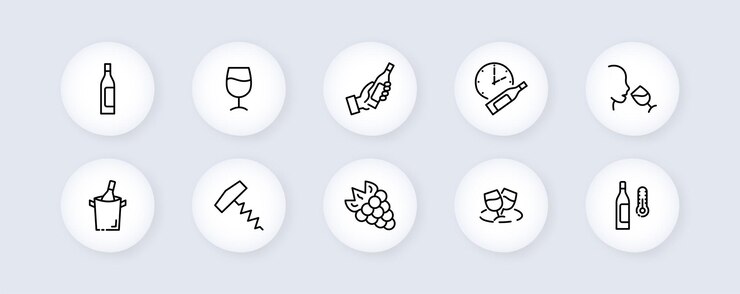 Alcohol set icon Cannabis hemp marijuana tobacco alcohol relaxation corkscrew grapes ice champagne cognac Relax concept Vector line icon for Business and Advertising