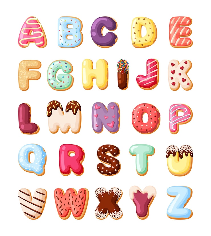 Vector alphabet fro sweet pastries set. colorful canddy font made from baked goods donuts with cream desert for kids decorative cakes letters numbers vector cartoon delicious