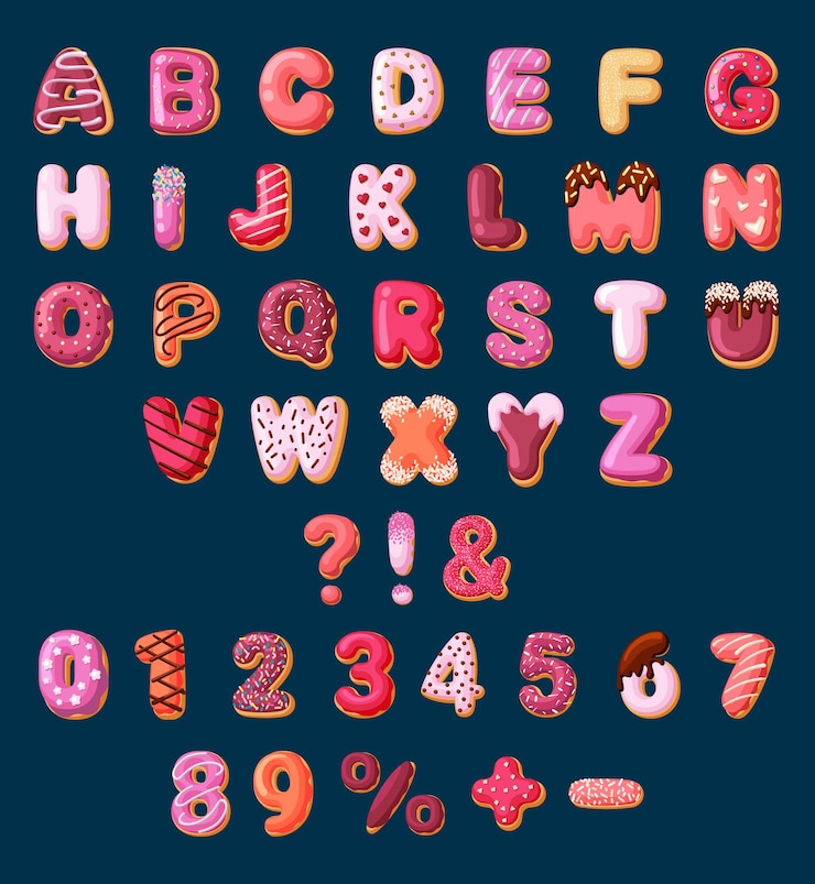 Vector alphabet from sweets set. bright font made from baked goods and donuts with cream educational dessert for children with decorative cakes letters and numbers. vector cartoon caramel.