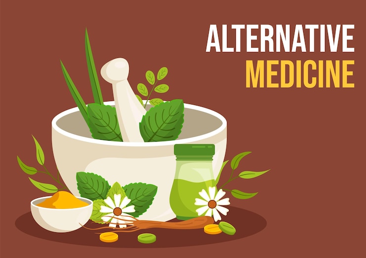Vector alternative medicine or herbal cure of energy therapies with ginseng root and seeds in illustration