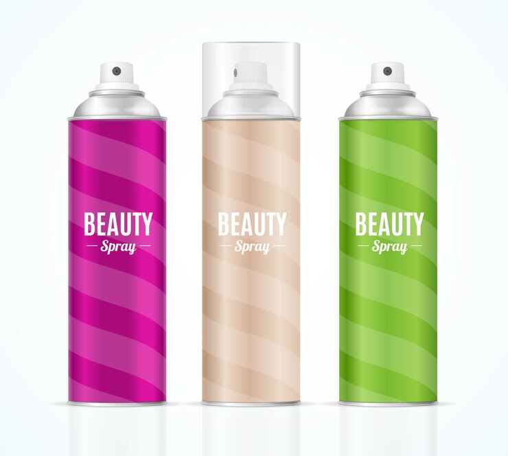 Vector aluminium colorful beauty spray can set. packaging collection. vector illustration