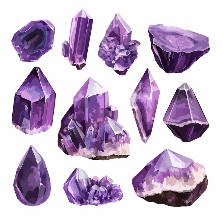 Vector amethyst stone clip art set on white background