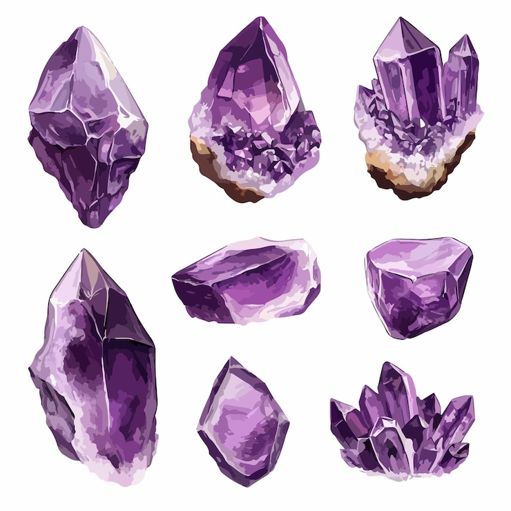 Vector amethyst stone clip art set on white background