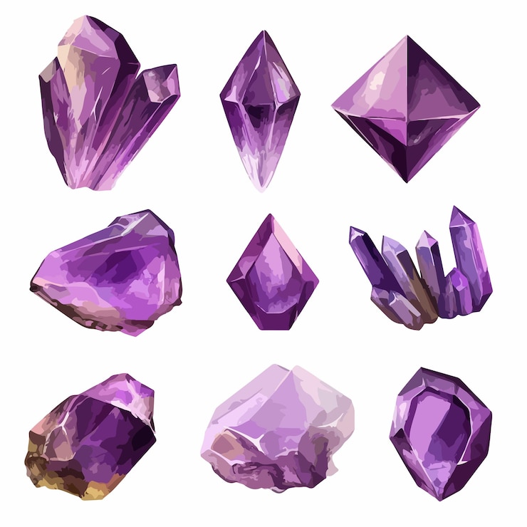 Vector amethyst stone clip art set on white background