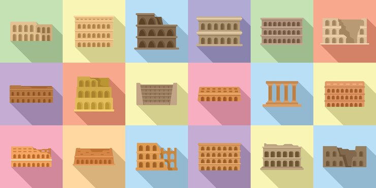 Vector amphitheater icons set flat vector arena ancient capital stadium