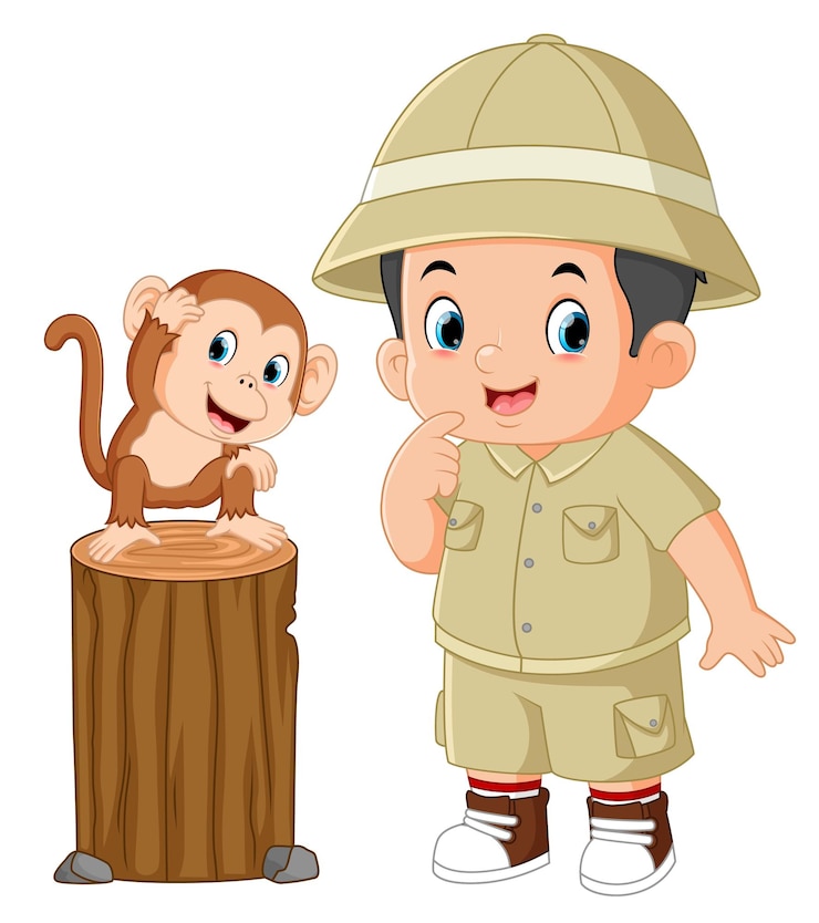 Vector an adventurous boy is posing with a baby monkey