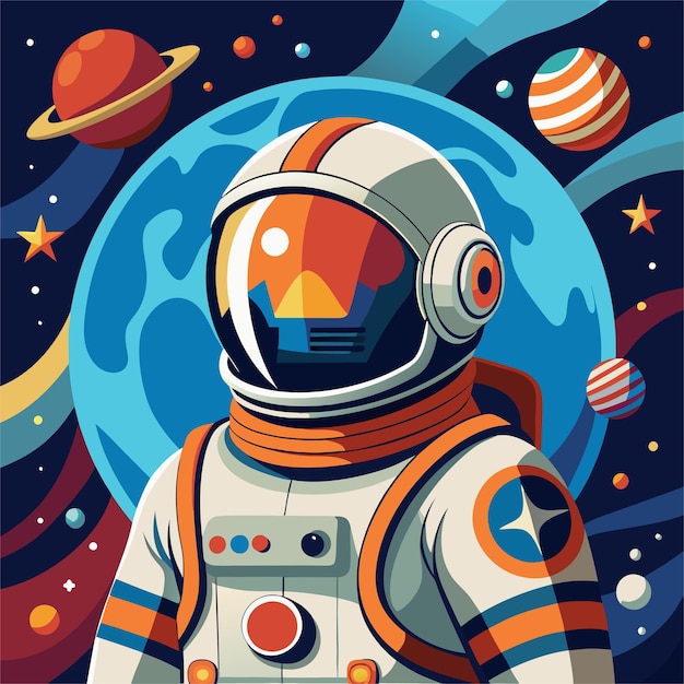 an astronaut in a space suit with a blue background with the moon in the background