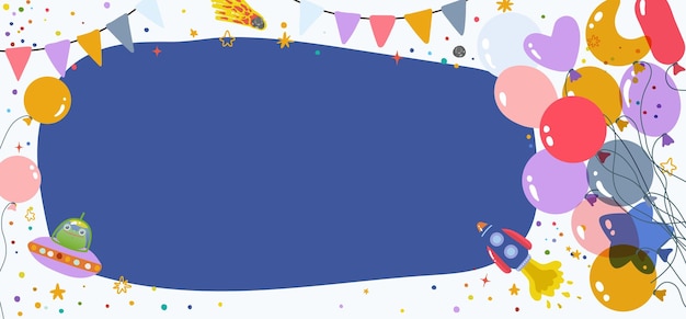 An invitation template for a space party with colorful balloons aliens stars