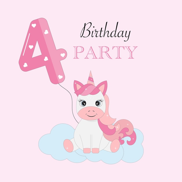 An invitation to the fourth birthday A unicorn with pink hair