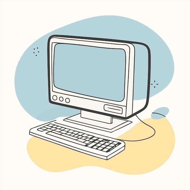 an old computer with a blue background and a drawing of a monitor with a blue background
