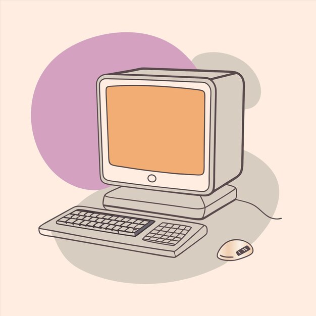 an old computer with a pink background and a purple circle