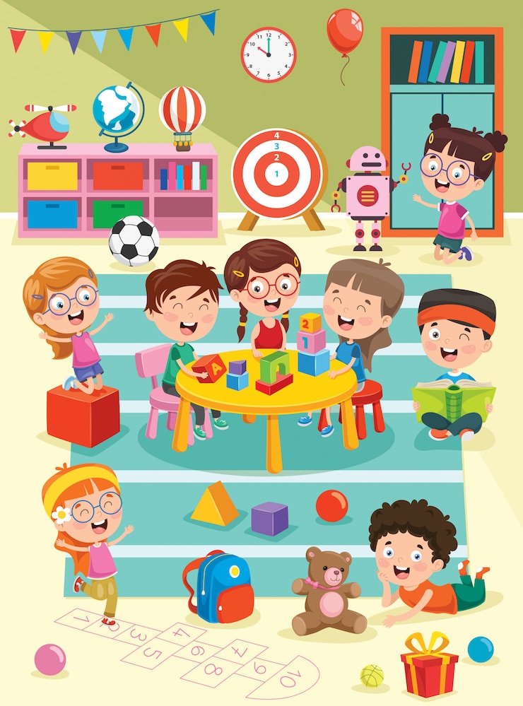 Vector anak-anak kecil belajar dan bermain di ruang kelas prasekolah