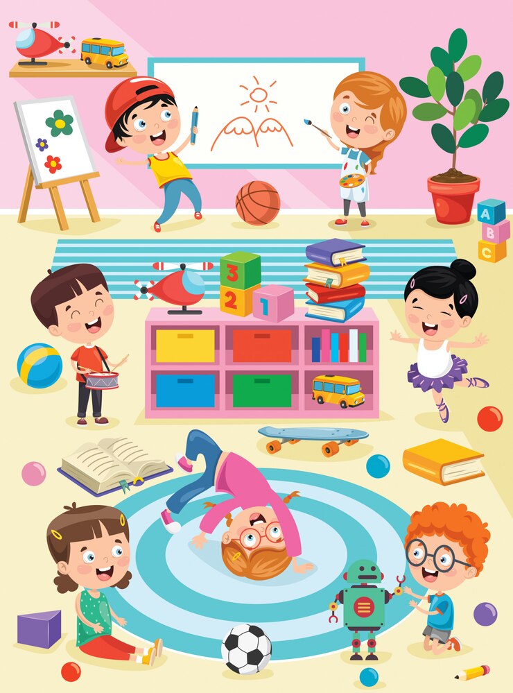 Vector anak-anak kecil belajar dan bermain di ruang kelas prasekolah