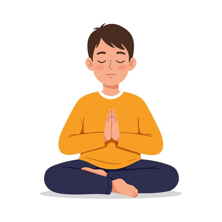Vector anak laki-laki bermeditasi dalam pose tenang dengan elemen desain datar dalam seni vektor warna cerah