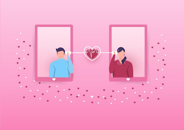 Vector anak laki-laki dan perempuan berbicara melalui telepon tali, ekspresi cinta untuk pacar, pembicaraan romantis, hubungan cinta hari valentine.