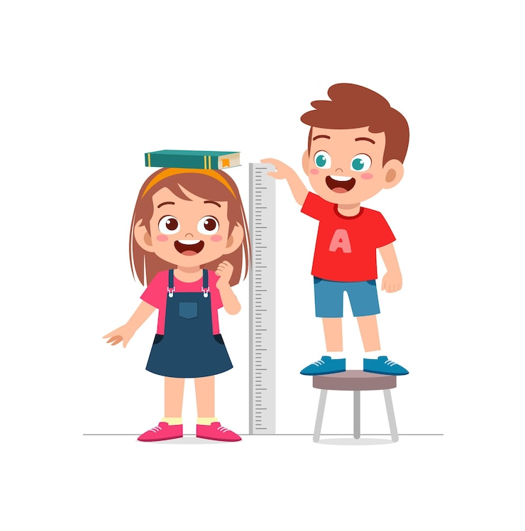 Vector anak laki-laki dan perempuan mengukur tinggi badan untuk melihat perkembangan pertumbuhan