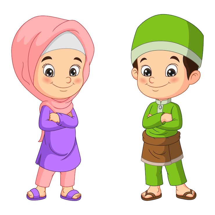 Anak laki-laki dan perempuan muslim kartun yang bahagia