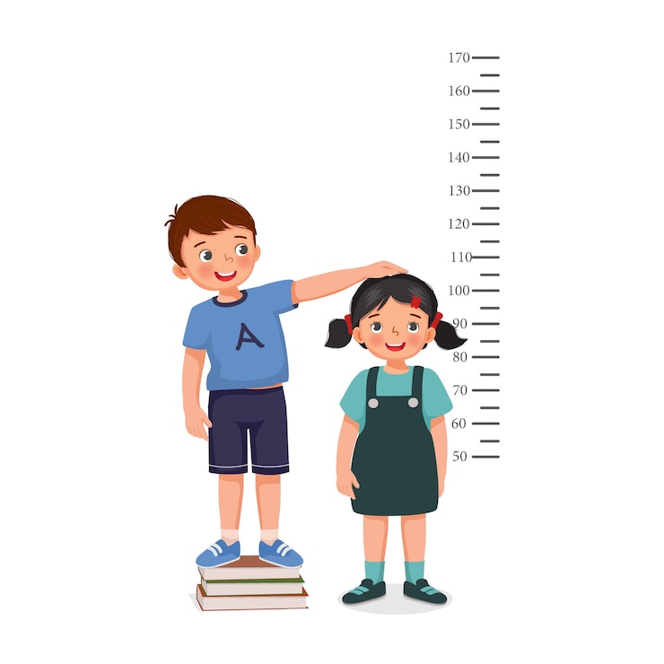 Vector anak laki-laki kecil berdiri di tumpukan buku mengukur tinggi badan pertumbuhan anak perempuan kecil dengan penggaris di dinding