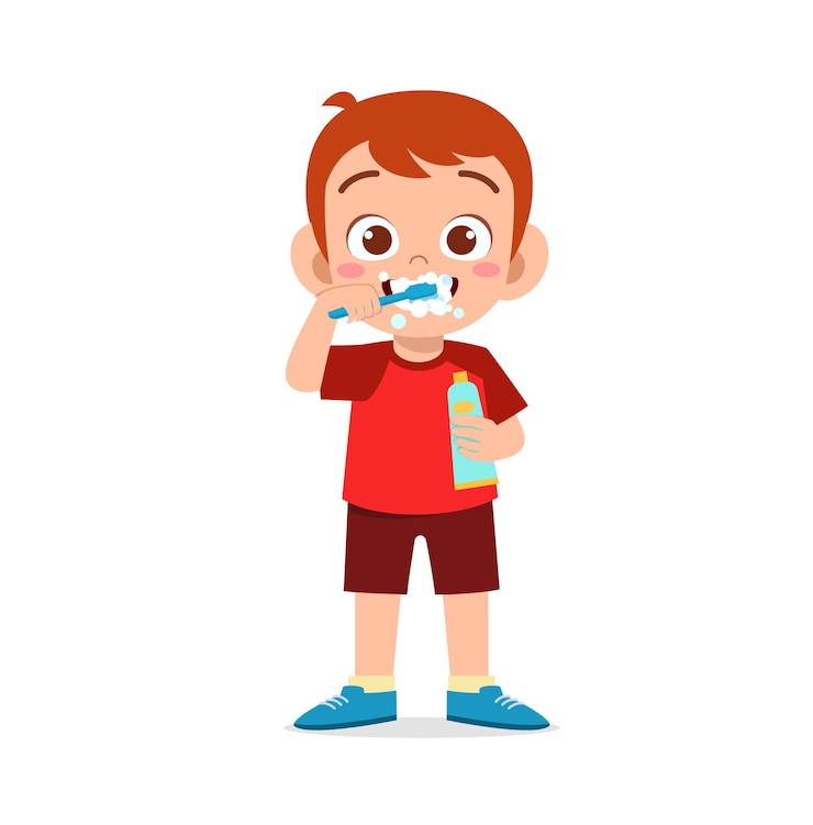 Vector anak laki-laki kecil lucu menyikat gigi dan memegang pasta gigi
