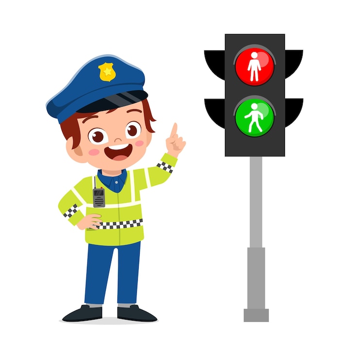 Vector anak laki-laki kecil yang lucu dan bahagia mengenakan seragam polisi dan berdiri di samping lampu lalu lintas