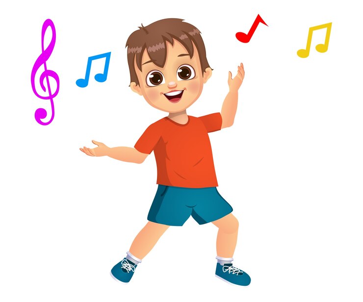 Anak laki-laki lucu menari mengikuti musik yang diisolasi dengan latar belakang putih