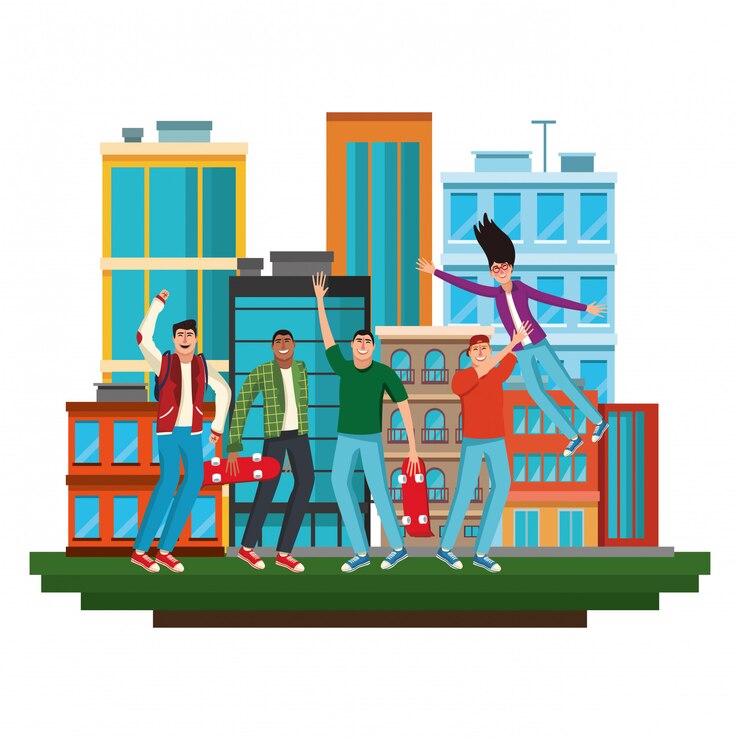 Vector anak muda pemain sepatu roda bersenang-senang di kota
