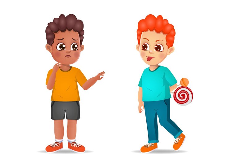 Anak nakal menunjukkan wajah meringisnya kepada temannya. diisolasi pada latar belakang putih