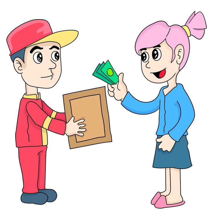 Vector anak pengantar barang mengirim ke pelanggan. stiker ilustrasi kartun