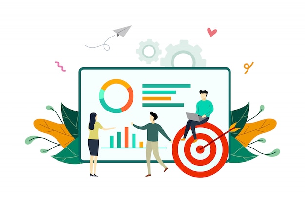 Analyzing infographic, finance data analysis flat illustration