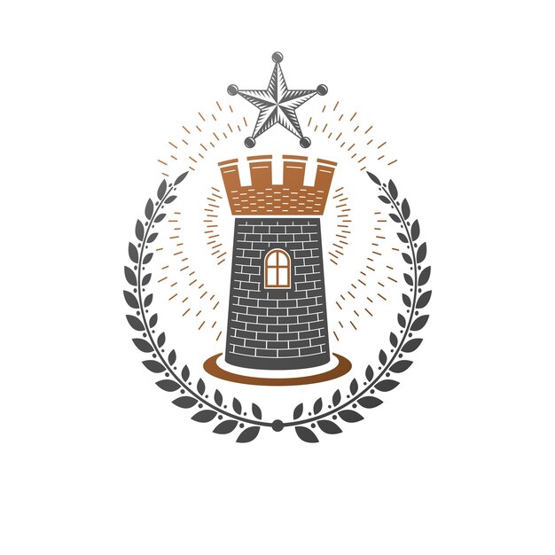 Ancient Castle emblem. Heraldic Coat of Arms decorative logo isolated vector illustration. Ornate logotype in old style on white background.
