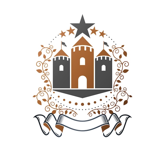 Ancient Castle emblem. Heraldic Coat of Arms decorative logo isolated vector illustration. Retro logotype in old style on white background.