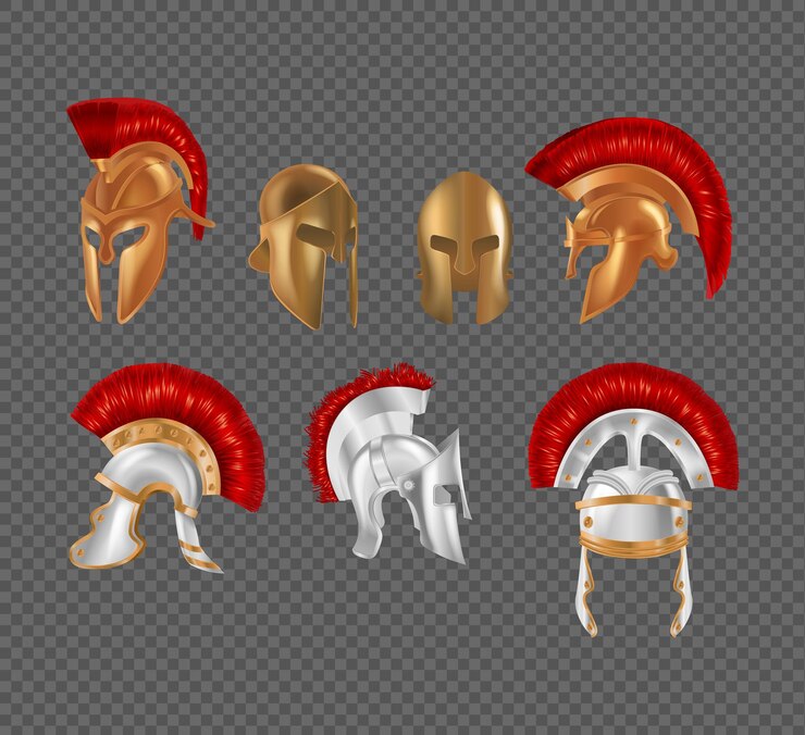 Vector ancient greek warrior helmet set. spartan antique bronze protective headgear. traditional roman metallic head safety war uniform decorated red brush. military gladiator fight outfit realistic vector
