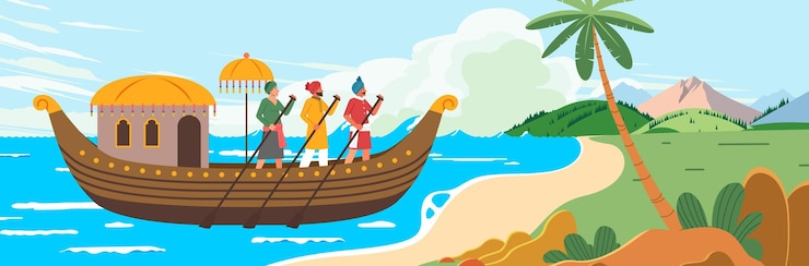 Vector ancient india people crossed the sea anchored ship to new continent to trade and spread civilization
