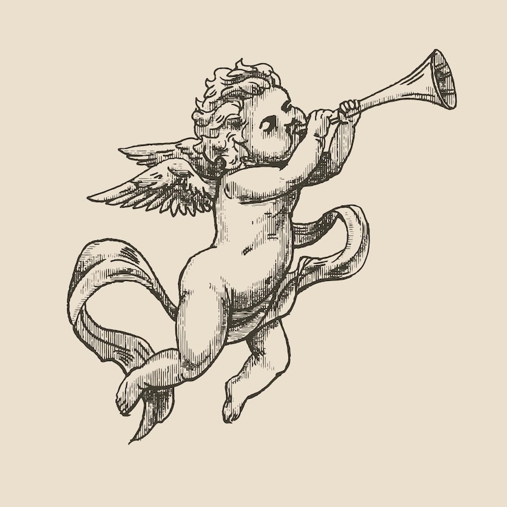 Vector angel with a trumpet angel playing horn illustration in medieval engraving style