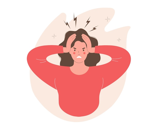 Anger explosion Irritation stages emotional outburst negative emotions concept Young woman expressing rage and anger Vector illustration
