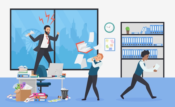 Vector angry boss in office frightened employees shocked by furious top manager