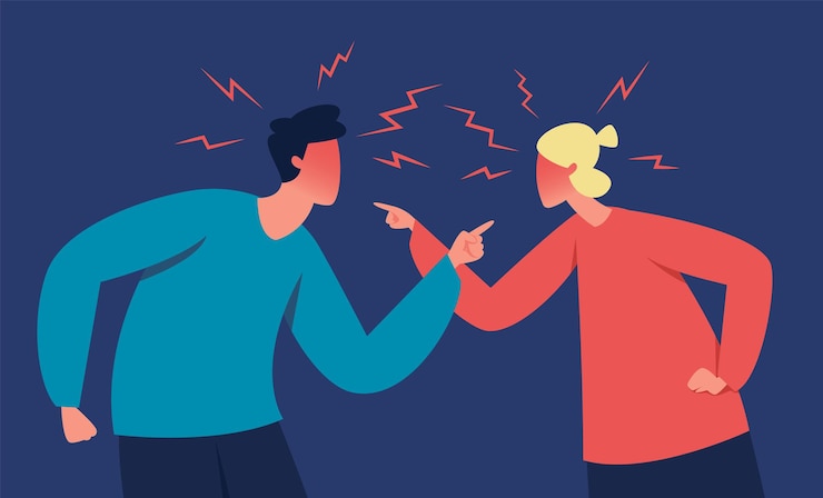 Vector angry couple shouting at each other, marriage problems. people quarrel, wife and husband arguing, family conflict vector illustration. man and woman yelling aggressively with angry expression