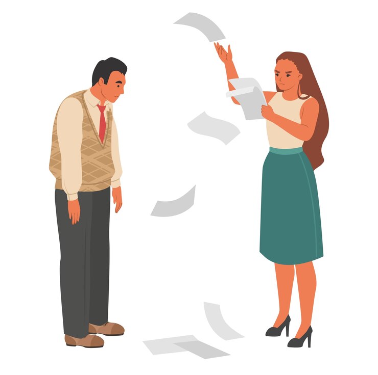 Vector angry female boss throwing paper scolding employee