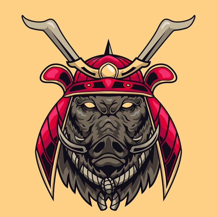 Angry wild boar head in samurai helmet illustration-Vector