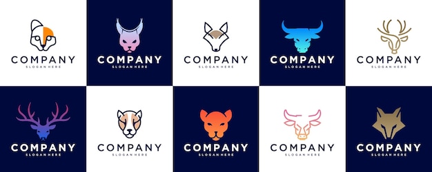 animal head logo set with abstract concept line art style silhouette wild animal symbol vector