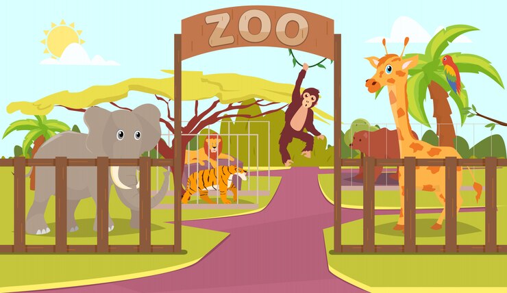 Vector animals behind fence and zoo sign