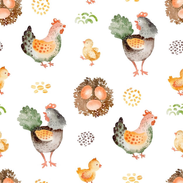 Animals farm chicken cow horse chick sheep on the childrens watercolor seamless pattern