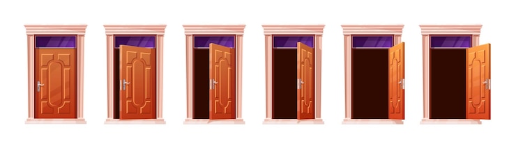 Vector animasi pintu pintu kartun gerak membuka pintu masuk permainan rumah gerbang kayu pilihan menutup sedikit tertutup ruang 2d bangunan lembar sprite set elemen vektor kayu ilustrasi yang tepat