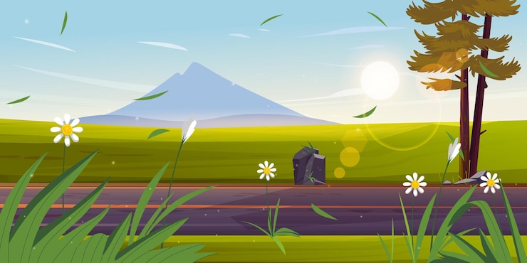 Vector animated view of nature with roads mountains beautiful flowers