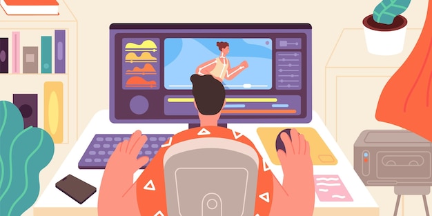 Animator at work Artist animation games motion model graphic Designer works at computer in home office video editor process utter vector concept